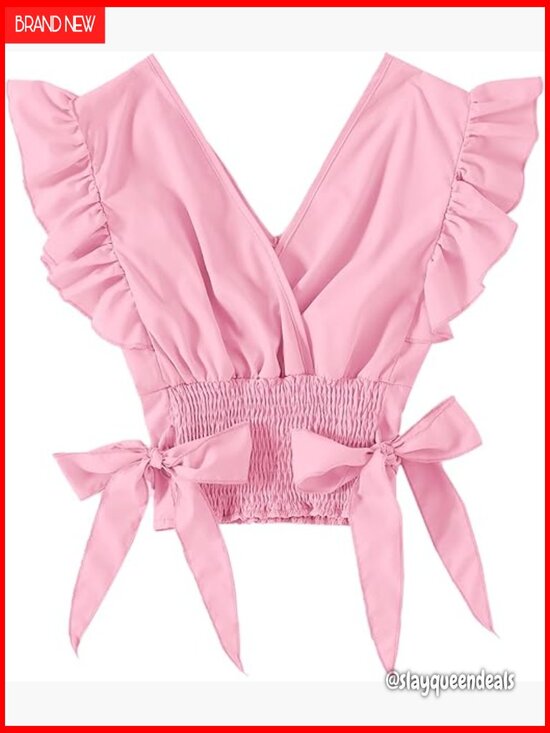 Tops - V Neck Ruffle Cap Sleeve Side Bow Shirred Hem Summer Crop Tank Top